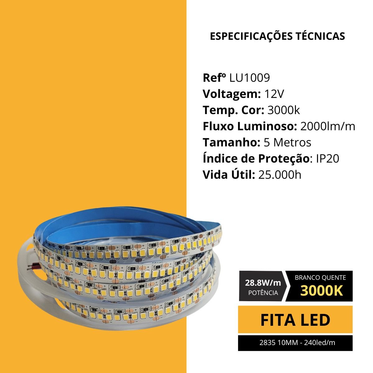CINTO DE LUZ S/CAPA 5M 12V 3000K 50W 2835-WW