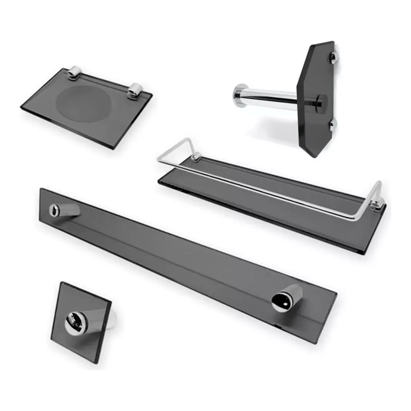 KIT BANH. VMEX PRETO 05PÇS VIDRO/INOX